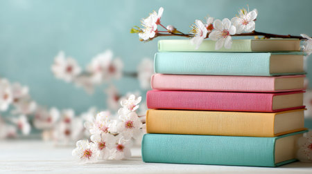 A stack of pastel colored books, featuring soft matte covers, is placed next to delicate spring blossoms, creating a serene and inviting atmosphere.の素材