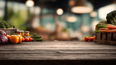 Fresh vegetables including carrots, tomatoes, and broccoli arranged on a wooden table in a cozy setting with blurred lights creating a warm atmosphere.の素材