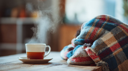 A sick person is curled up in a warm plaid blanket, resting with a steaming cup of tea beside them on a wooden table in a cozy indoor settingの素材