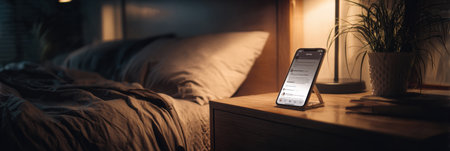 A clean nightstand holds a glowing smartphone displaying a social media app, illuminating the dark bedroom with a warm and inviting ambiance.の素材