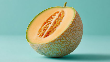 Cut cantaloupe sits on a smooth pastel surface, showing its juicy orange interior and seeds. The clean backdrop enhances its fresh appearance.の素材
