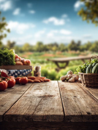 Fresh vegetables and fruits arranged on a rustic wooden table, showcasing a farm-to-table theme with a blurred countryside in the background during daylightの素材