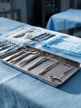 Sterilized instruments ready for use are placed on a tray beside a patient table, showing a sterile environment in a healthcare facility.の素材