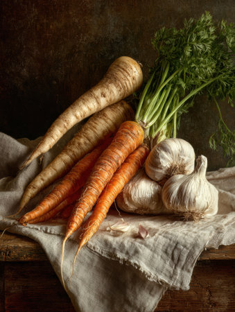 A detailed arrangement of vibrant carrots, earthy parsnips, and garlic cloves resting on a textured linen cloth, showing natural colors and shapes.の素材