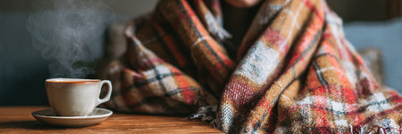 Individual wrapped in a warm plaid blanket sits indoors, a cup of steaming tea rests on the table, creating a cozy and inviting atmosphere during winterの素材