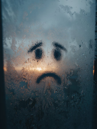 A sick emoji face is visible on a steamed glass window, capturing a sense of melancholy on a cloudy morning with moody tones and an empty left side.の素材