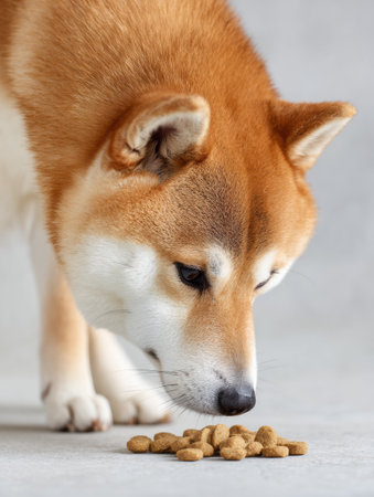 Shiba Inu investigates a pile of dry food on a neutral background, showing its playful nature and curiosity in a well-lit setting.の素材