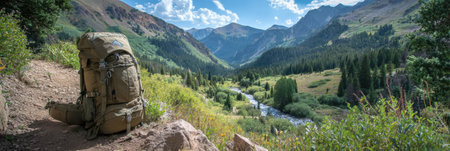 Hikers enjoy stunning views of lush valleys and towering mountains while taking a break on a trail with a pack by their side under blue skiesの素材