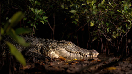 Salty crocodile lies quietly in the shadows of mangroves, surrounded by dark water and foliage, creating a serene atmosphere in the twilight hours.の素材