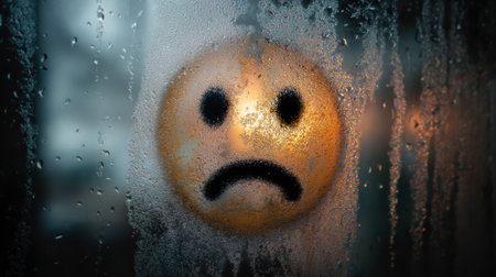 Emotional sick emoji face appears on a steamed glass window, capturing the feeling of gloomy weather with a dark, moody ambiance during winter.の素材