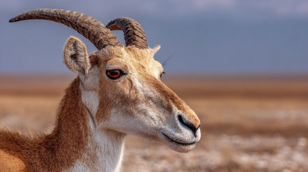 Saiga antelope stands proudly in the dry plains, showing its distinctive curved nose while surrounded by a vast, arid landscape.の素材