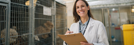 Veterinarian stands next to an animal cage, smiling and holding a clipboard, in a bright and open clinic, reflecting a caring environment for animals.の素材