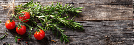 Fresh cherry tomatoes and fragrant rosemary sprigs lay on rustic wooden planks, setting a natural and vibrant tone for cooking or dining.の素材