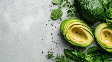 Freshly sliced avocado and a variety of greens are artistically arranged on a smooth surface, presenting a healthy option for meals or snacks.の素材