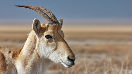 Saiga antelope stands prominently in dry plains, highlighting its distinctive curved nose, well-suited for survival in arid conditions and sparse vegetation.の素材