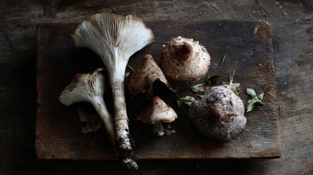 Five unique mushrooms display their forms and textures on a rustic wooden surface, highlighting the beauty of natures fungi collection in low light.の素材