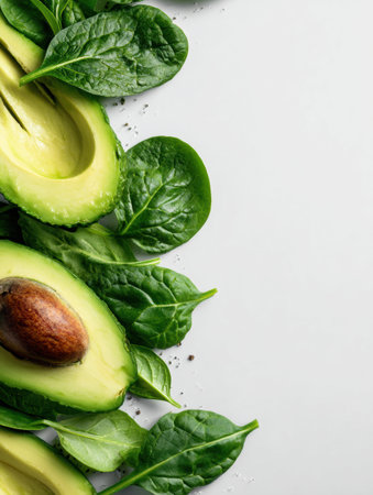 Brightly colored sliced avocado pieces lay next to fresh green spinach leaves, set on a minimalistic surface with clear space for adding text or titles.の素材