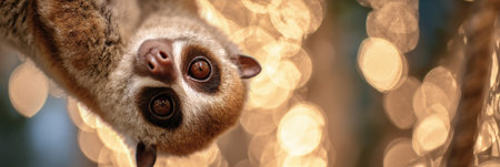 Slow loris dangles playfully in a tranquil environment, surrounded by soft bokeh lights that enhance the serene ambiance of the scene.の素材