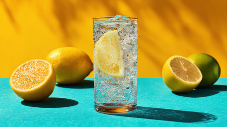 A glass of sparkling lemon soda on a turquoise surface, surrounded by fresh lemons and limes, set against a vibrant yellow backdrop.の素材
