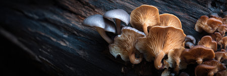 Various mushrooms flourish on a piece of dark wood, showing their unique shapes and colors in soft natural light highlighting each feature boldly.の素材