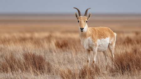 Saiga antelope grazes in dry plains, displaying its distinctive curved nose while blending into the minimal background of the expansive landscape.の素材