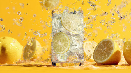 A glass of sparkling lemon soda showcases fresh lemon slices, creating an inviting and refreshing atmosphere against a vibrant yellow backdrop.の素材