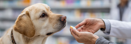 A veterinary professional hands over medication to a pet owner while a Labrador attentively waits for the treatment in a tidy pharmacy environment.の素材