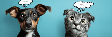 Two pets express their thoughts in playful thought bubbles, showcasing a humorous exchange in a clear setting that highlights their personalities.の素材
