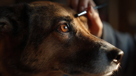 Veterinarian carefully inspects a dogs eye using a specialized tool in a well-lit and inviting veterinary clinic setting.の素材