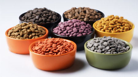 Kibbles for various pets are neatly arranged in bowls of different shapes and sizes, showcasing a vibrant assortment against a minimal backdrop.の素材