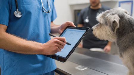 Veterinarian dressed in scrubs uses a tablet to record exam data while a small dog waits patiently beside the vet in a veterinary clinic settingの素材