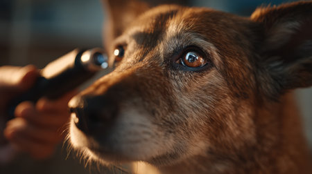 A vet carefully inspects a dogs eyes using a tool, surrounded by warm ambient light that enhances the caring atmosphere during the examination.の素材