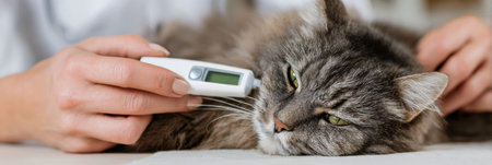 A vet carefully checks the temperature of a calm gray cat using a digital thermometer in a veterinary clinic during a health checkup.の素材