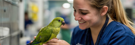 A vet assistant happily interacts with a green parrot in a bright clinic corner, surrounded by veterinary equipment.の素材