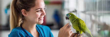 A vet assistant smiles while playing with a green parrot in a well-lit clinic corner, providing a joyful atmosphere during the busy afternoon shift.の素材