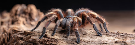 Tarantula navigates the surface of dry bark during daylight, showcasing its intricate details and textures against a softly blurred backdrop.の素材
