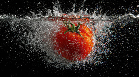 A vibrant red tomato splashes into clear water, creating a dynamic high-speed effect with clear details and a clean bottom layout.の素材
