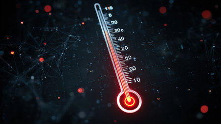 Thermometer displays elevated temperature with red warning icon, indicating a significant heat level in an otherwise clean, digital background today.の素材