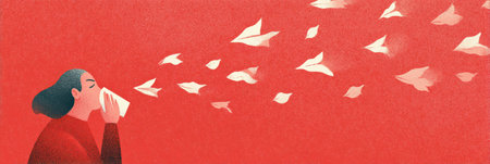 Modern illustration showcases a person sneezing, sending tissues flying through the air against a vibrant red backdrop, emphasizing the action and movement.の素材