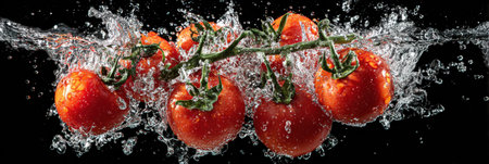Fresh red tomatoes collide with crystal clear water, producing an impressive splash and showcasing droplets in a high-speed moment against a dark backdrop.の素材