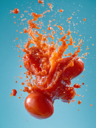 Bright tomato sauce bursts in mid-air with droplets flying, set against a clear blue background, highlighting the vivid color and energetic movement.の素材