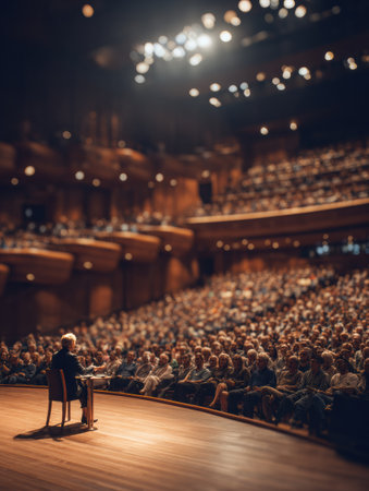 A speaker presents to a calm and attentive crowd at a townhall meeting held in a large auditorium during the evening.の素材
