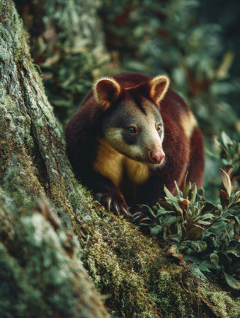 A tree kangaroo is exploring a moss-covered trunk surrounded by lush foliage, showing its unique colors and climbing ability in a peaceful forest setting.の素材