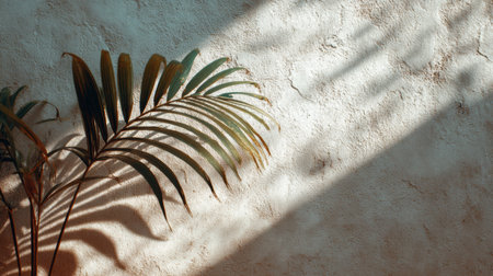 Sunlight filters through, creating intricate shadows on a smooth ivory wall while a vibrant green palm leaf adds a touch of nature to the serene atmosphereの素材