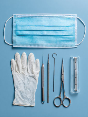 Surgical mask and sterile gloves placed alongside various medical instruments with an empty space to the right for additional items or instruments.の素材