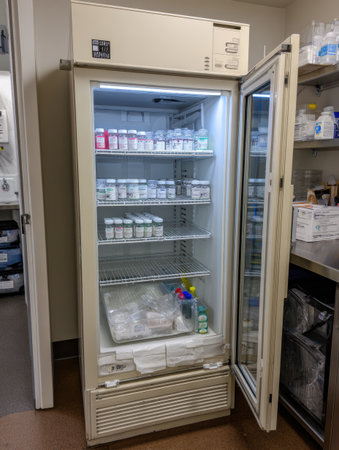 A vet refrigerator with pet vaccines is seen with the door slightly ajar, displaying neatly arranged supplies for animal medical care.の素材