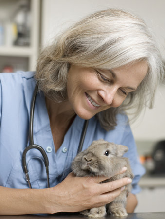 A skilled veterinary professional attentively listens to a rabbits lungs, ensuring a tranquil atmosphere in the clinic for the animals comfort and care.の素材
