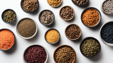 Assorted pet kibbles in various colors fill bowls of different shapes and sizes, highlighting a wide range of textures and styles for pet feeding.の素材