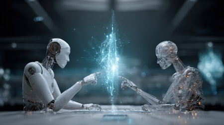 Two robots interact by exchanging data via glowing holograms in a high-tech setting, showcasing advanced technology and communication.の素材