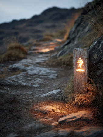A vibrant trail marker lights up a mountain path, guiding hikers through the rocky terrain as dusk falls, creating an inviting outdoor atmosphere.の素材